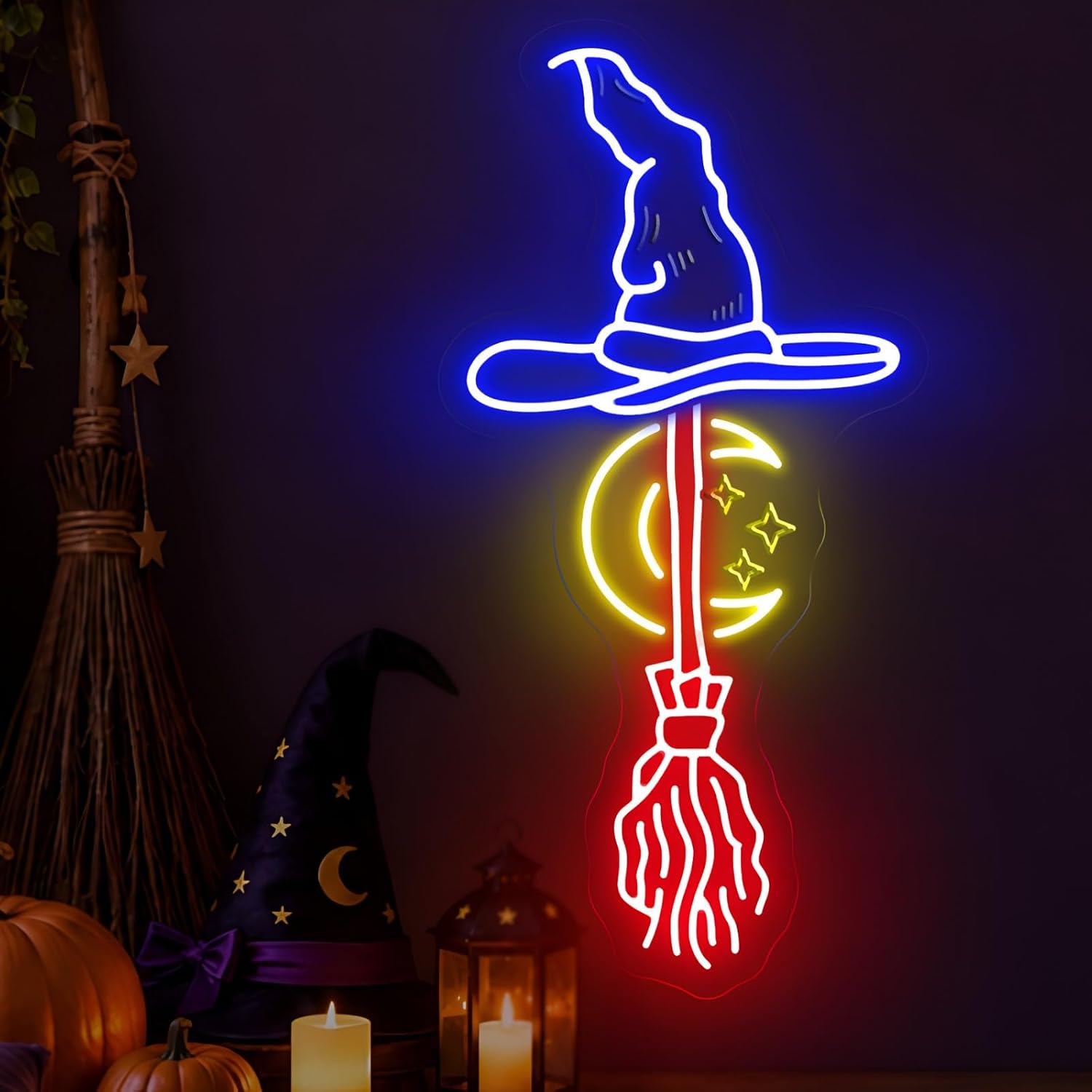 Neon Sign Party - Hut der Hexe Besen Neon-Schild Mond